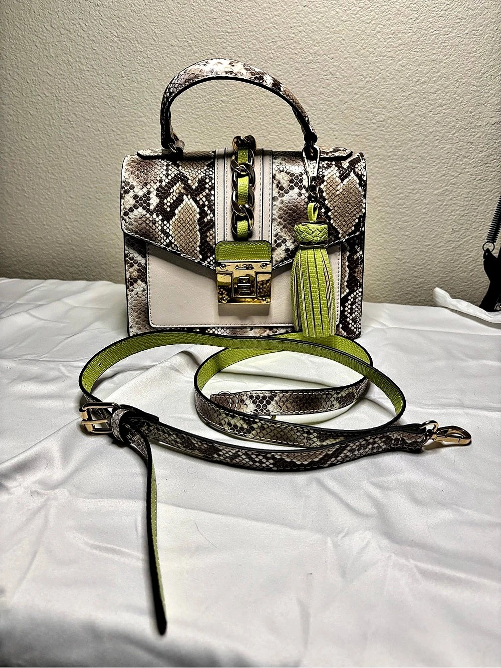 ALDO Glendaa Snakeskin Shoulder Bag in Brown & Green